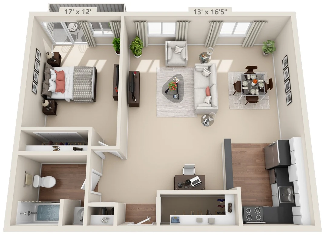 Deluxe One Bedroom floor plan, 744 square feet