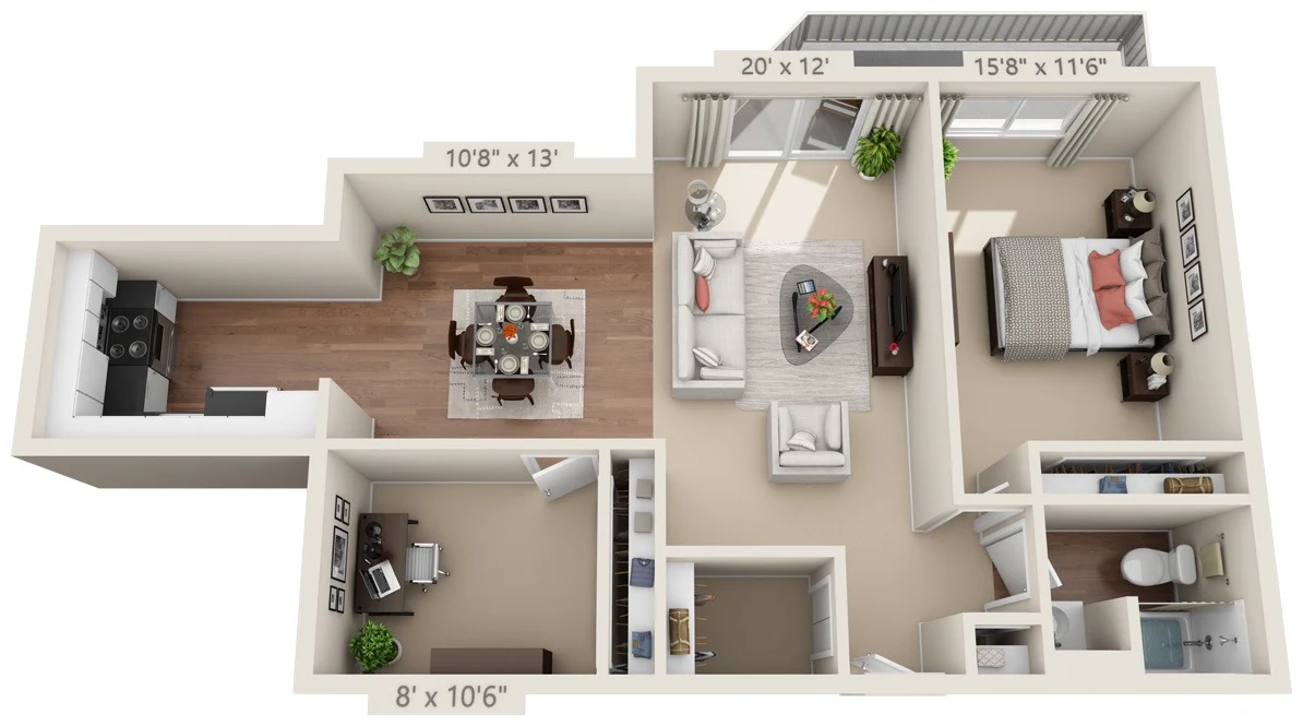 One Bedroom + Den floor plan, 1,250 square feet
