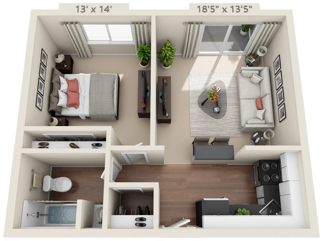 Junior One Bedroom floor plan, 671 square feet