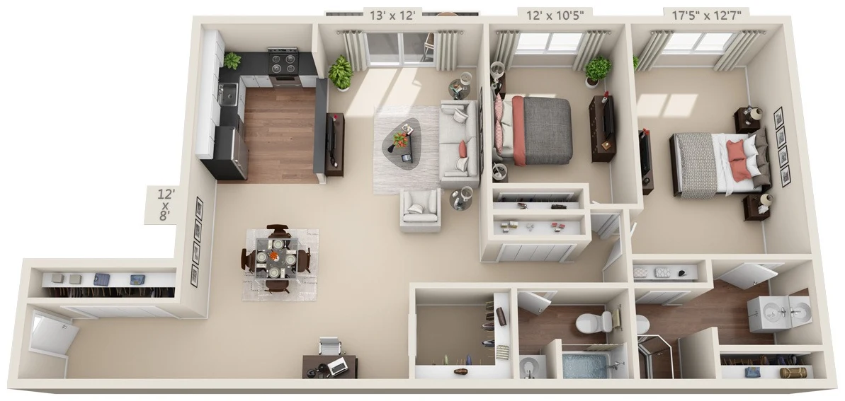 Two Bed, Two Bath floor plan, 1,352 square feet