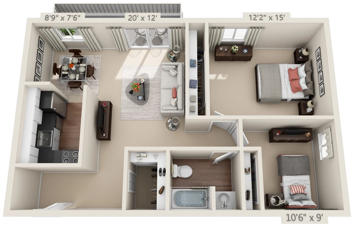 Large Two Bedroom floor plan, 932 square feet