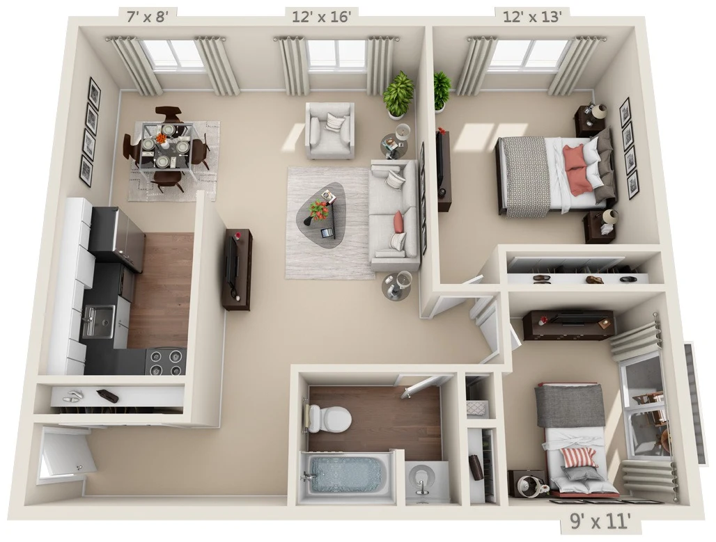 Two Bedroom floor plan, 832 square feet