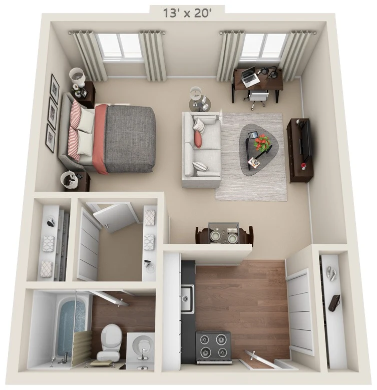 Studio floor plan, 480 square feet