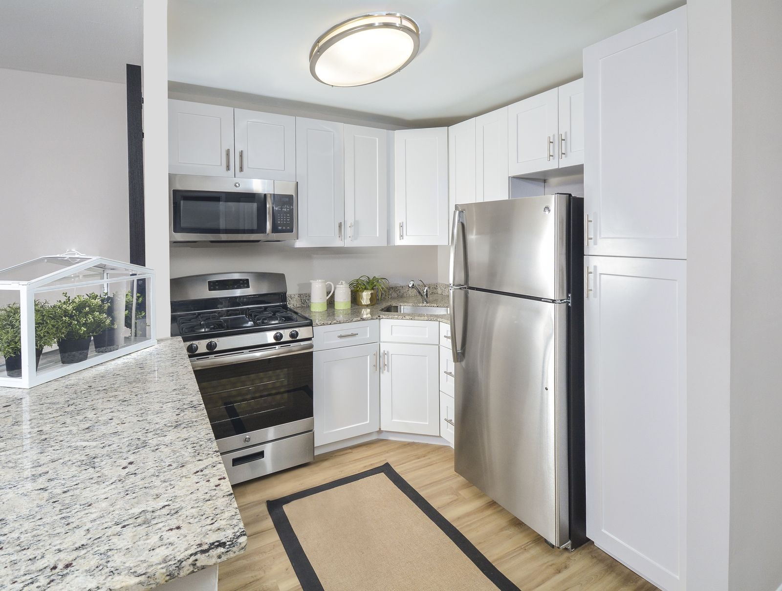 Kitchen with stainless steel appliances and granite counters