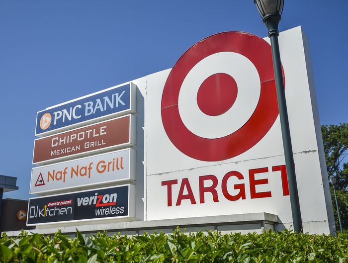 Shopping plaza sign with Target, PNC Bank and Chipotle